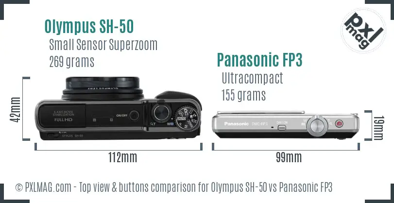 Olympus SH-50 vs Panasonic FP3 top view buttons comparison