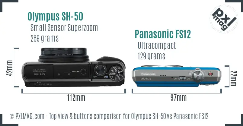 Olympus SH-50 vs Panasonic FS12 top view buttons comparison