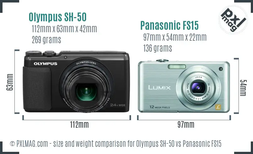 Olympus SH-50 vs Panasonic FS15 size comparison
