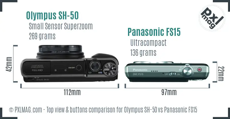 Olympus SH-50 vs Panasonic FS15 top view buttons comparison