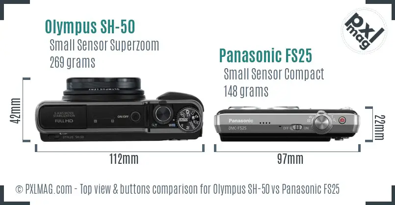 Olympus SH-50 vs Panasonic FS25 top view buttons comparison