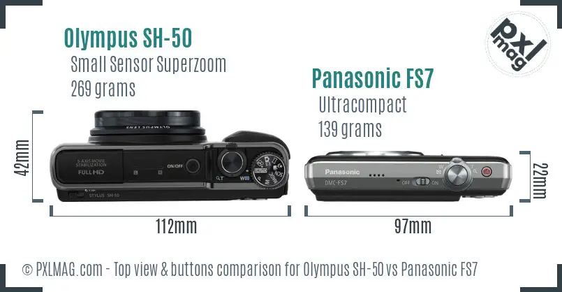 Olympus SH-50 vs Panasonic FS7 top view buttons comparison