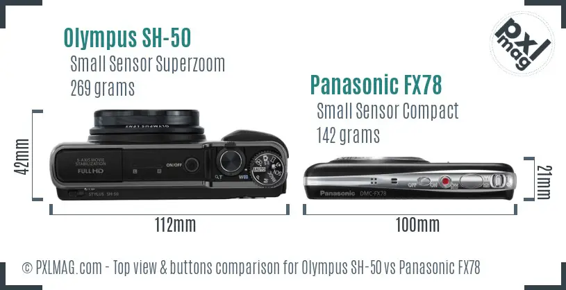 Olympus SH-50 vs Panasonic FX78 top view buttons comparison