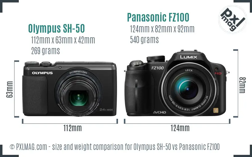 Olympus SH-50 vs Panasonic FZ100 size comparison