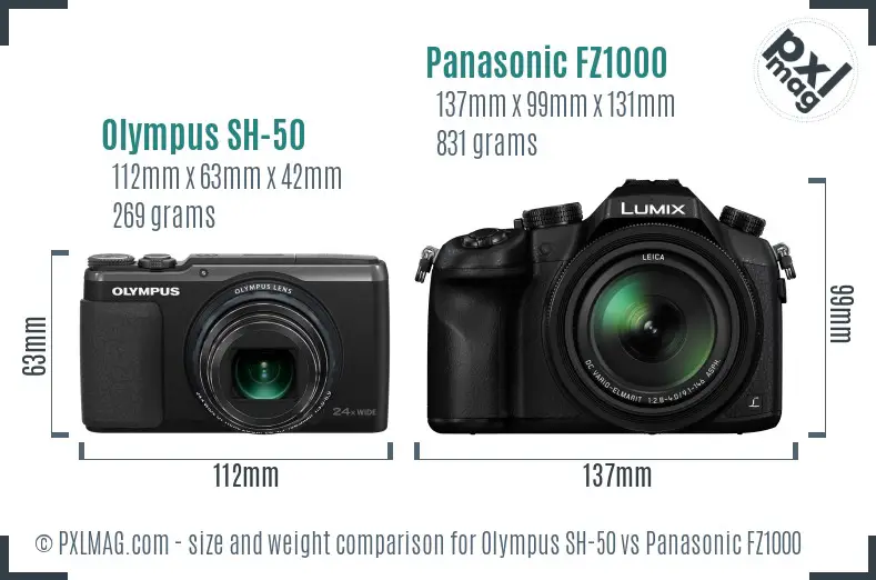 Olympus SH-50 vs Panasonic FZ1000 size comparison