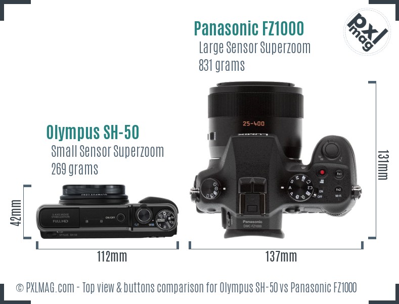 Olympus SH-50 vs Panasonic FZ1000 top view buttons comparison
