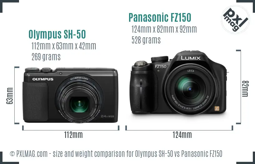 Olympus SH-50 vs Panasonic FZ150 size comparison