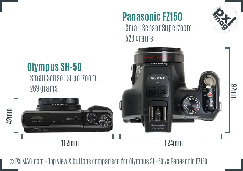 Olympus SH-50 vs Panasonic FZ150 top view buttons comparison