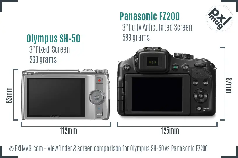 Olympus SH-50 vs Panasonic FZ200 Screen and Viewfinder comparison