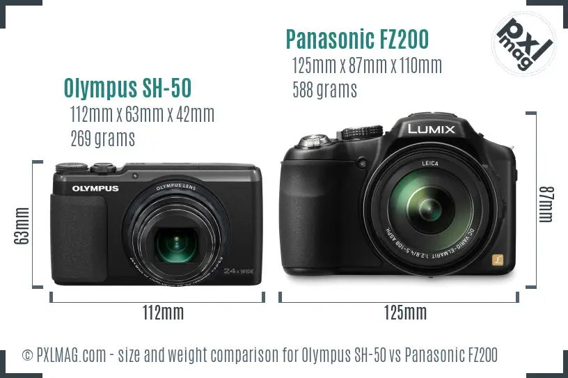 Olympus SH-50 vs Panasonic FZ200 size comparison