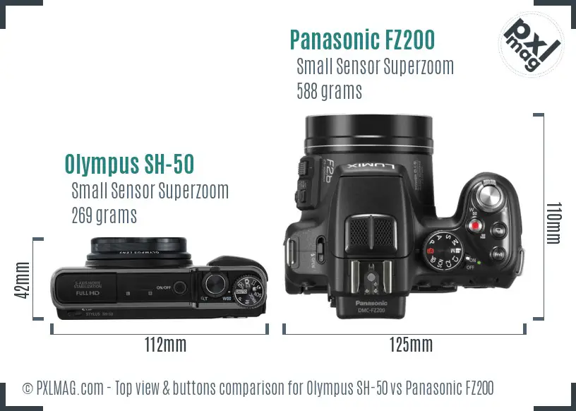 Olympus SH-50 vs Panasonic FZ200 top view buttons comparison