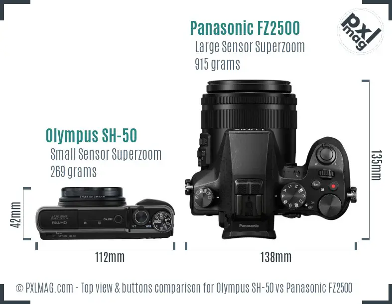 Olympus SH-50 vs Panasonic FZ2500 top view buttons comparison