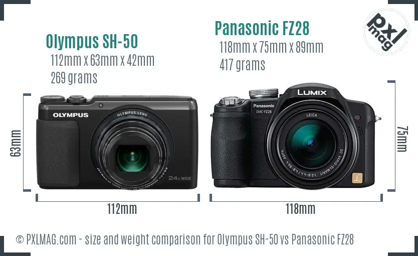 Olympus SH-50 vs Panasonic FZ28 size comparison