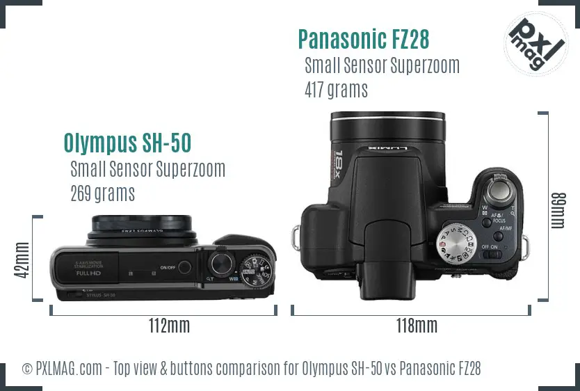 Olympus SH-50 vs Panasonic FZ28 top view buttons comparison