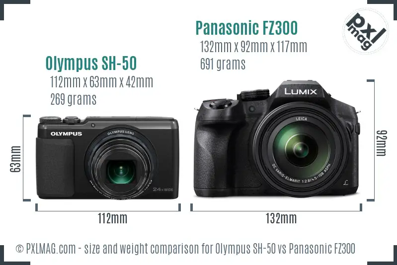 Olympus SH-50 vs Panasonic FZ300 size comparison