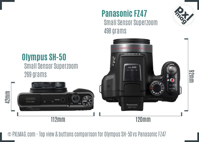 Olympus SH-50 vs Panasonic FZ47 top view buttons comparison