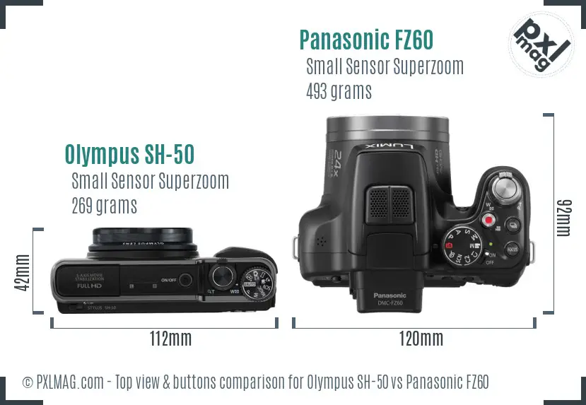 Olympus SH-50 vs Panasonic FZ60 top view buttons comparison