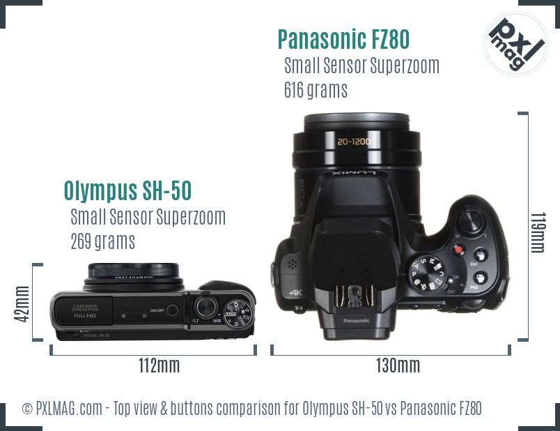 Olympus SH-50 vs Panasonic FZ80 top view buttons comparison