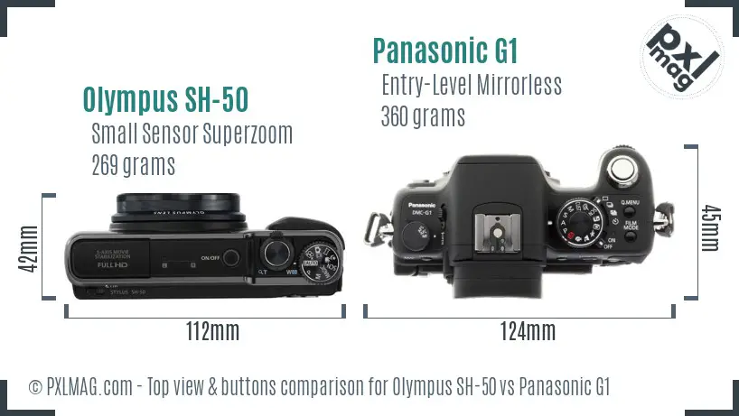 Olympus SH-50 vs Panasonic G1 top view buttons comparison