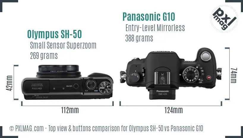 Olympus SH-50 vs Panasonic G10 top view buttons comparison