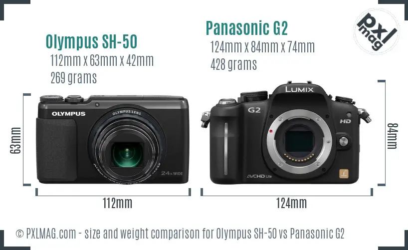 Olympus SH-50 vs Panasonic G2 size comparison