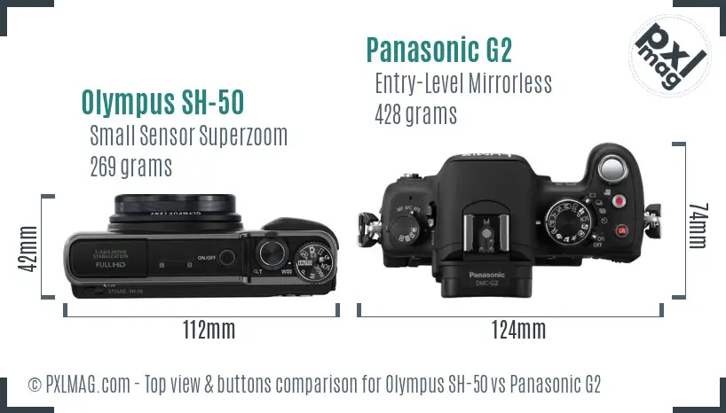 Olympus SH-50 vs Panasonic G2 top view buttons comparison