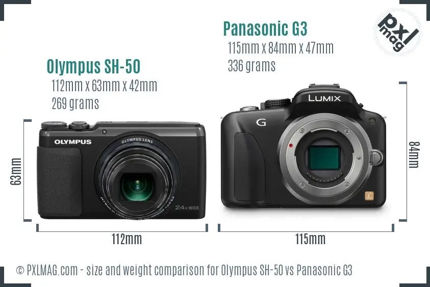 Olympus SH-50 vs Panasonic G3 size comparison