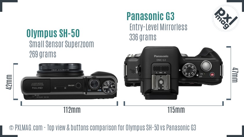 Olympus SH-50 vs Panasonic G3 top view buttons comparison