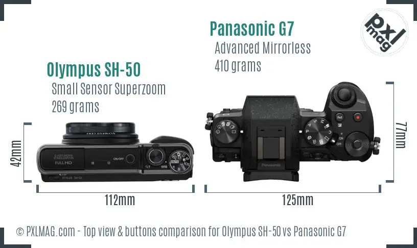 Olympus SH-50 vs Panasonic G7 top view buttons comparison
