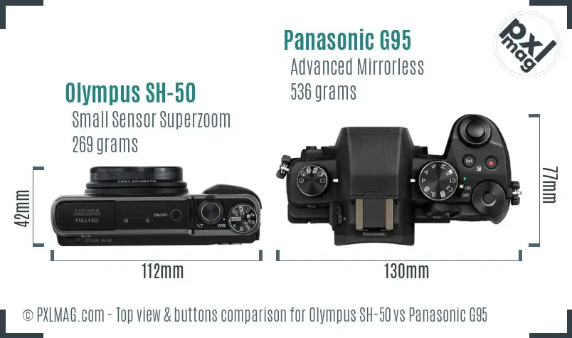 Olympus SH-50 vs Panasonic G95 top view buttons comparison