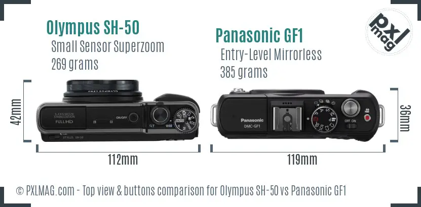 Olympus SH-50 vs Panasonic GF1 top view buttons comparison