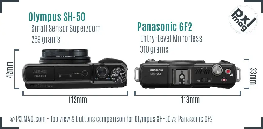 Olympus SH-50 vs Panasonic GF2 top view buttons comparison