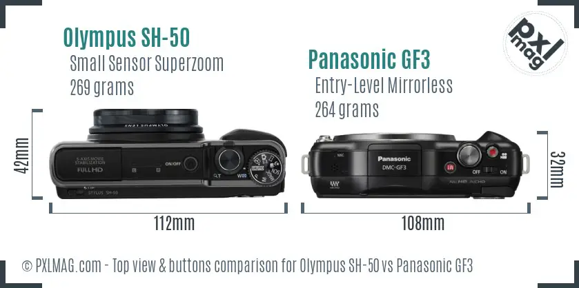 Olympus SH-50 vs Panasonic GF3 top view buttons comparison