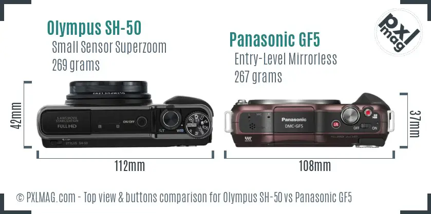 Olympus SH-50 vs Panasonic GF5 top view buttons comparison
