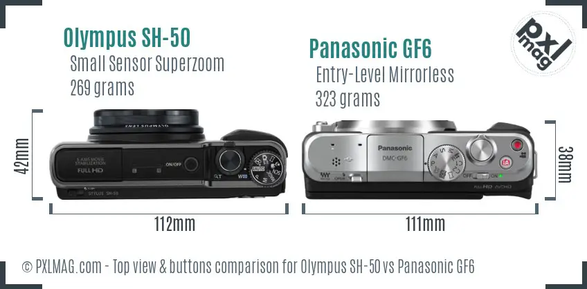Olympus SH-50 vs Panasonic GF6 top view buttons comparison