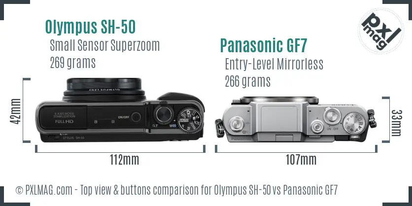 Olympus SH-50 vs Panasonic GF7 top view buttons comparison