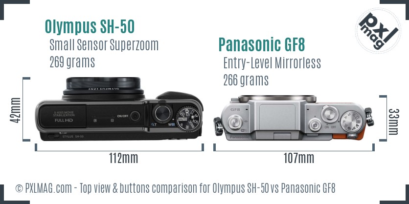 Olympus SH-50 vs Panasonic GF8 top view buttons comparison