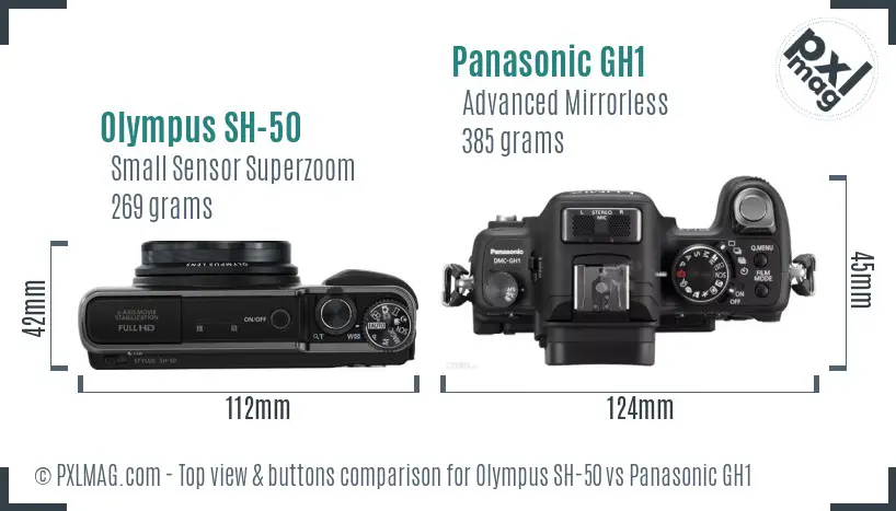 Olympus SH-50 vs Panasonic GH1 top view buttons comparison