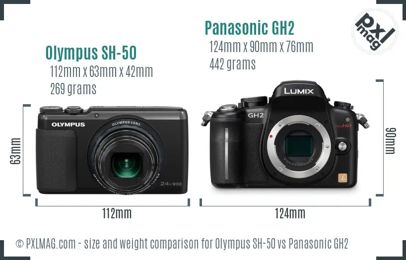 Olympus SH-50 vs Panasonic GH2 size comparison