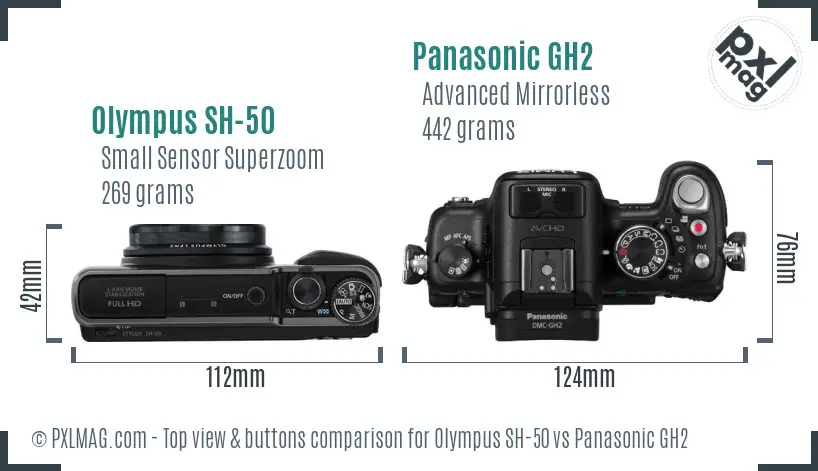 Olympus SH-50 vs Panasonic GH2 top view buttons comparison