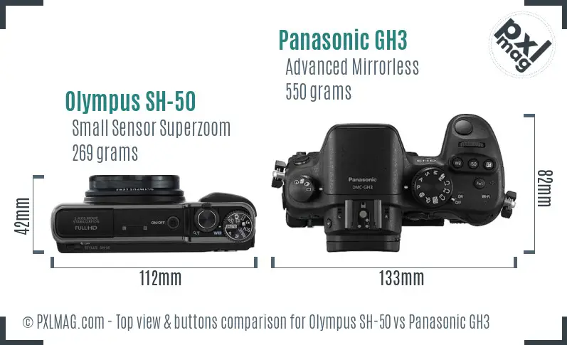 Olympus SH-50 vs Panasonic GH3 top view buttons comparison