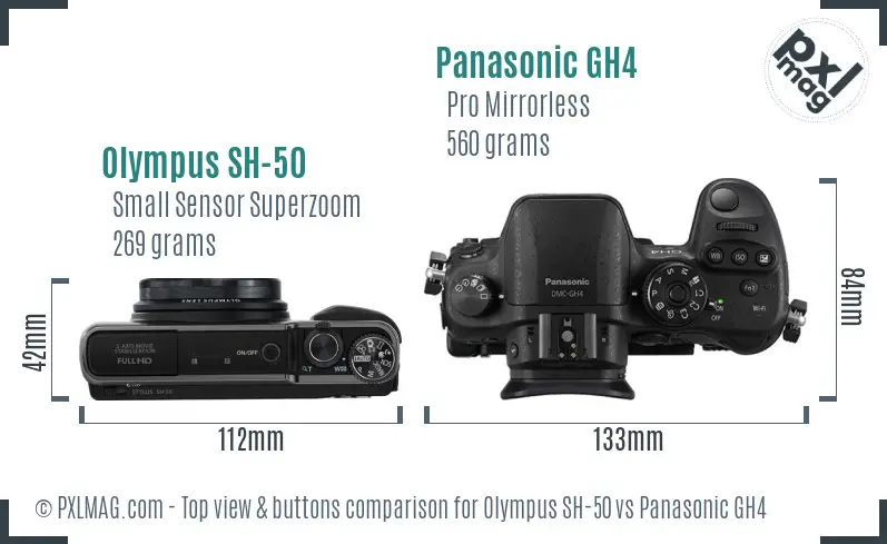 Olympus SH-50 vs Panasonic GH4 top view buttons comparison