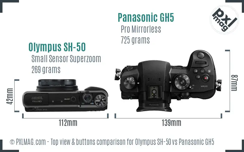 Olympus SH-50 vs Panasonic GH5 top view buttons comparison