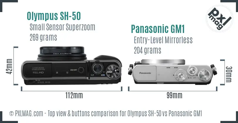 Olympus SH-50 vs Panasonic GM1 top view buttons comparison
