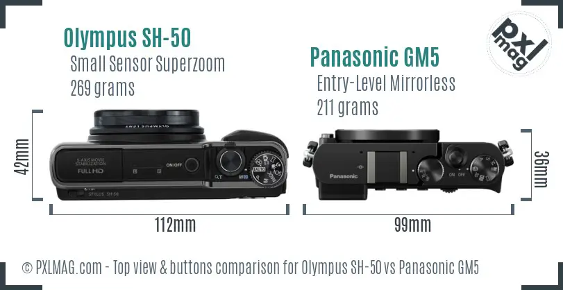Olympus SH-50 vs Panasonic GM5 top view buttons comparison