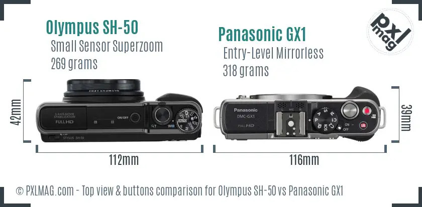Olympus SH-50 vs Panasonic GX1 top view buttons comparison