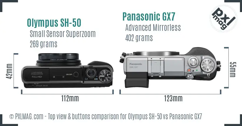 Olympus SH-50 vs Panasonic GX7 top view buttons comparison