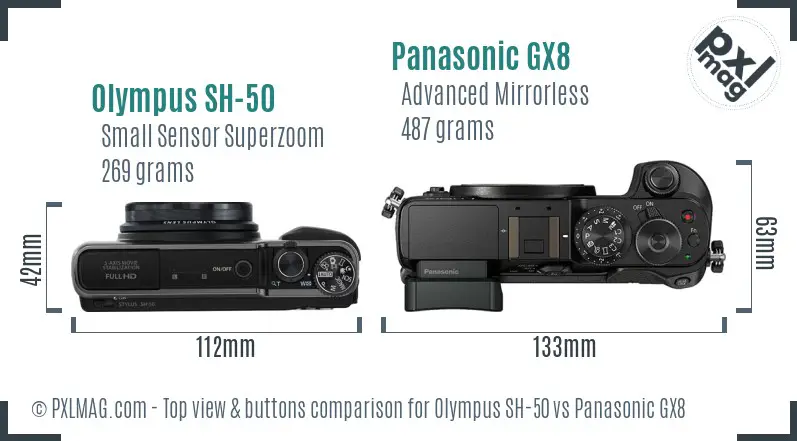 Olympus SH-50 vs Panasonic GX8 top view buttons comparison