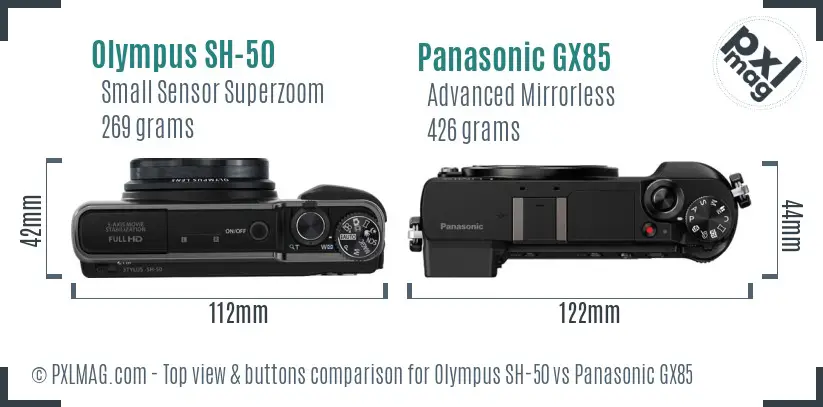 Olympus SH-50 vs Panasonic GX85 top view buttons comparison