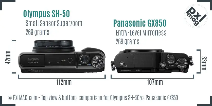 Olympus SH-50 vs Panasonic GX850 top view buttons comparison